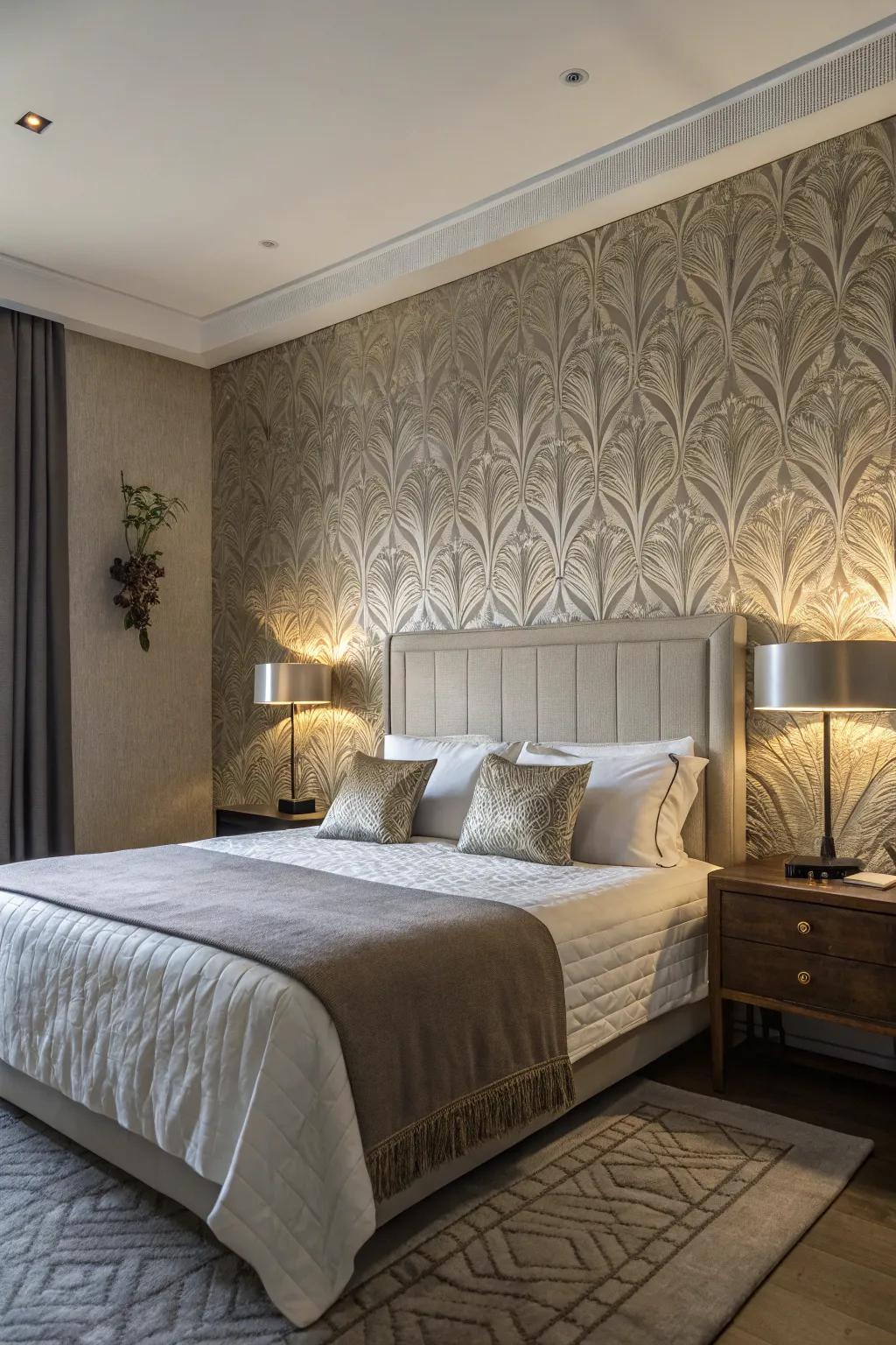 Textured wallpaper brings depth and interest above the bed.