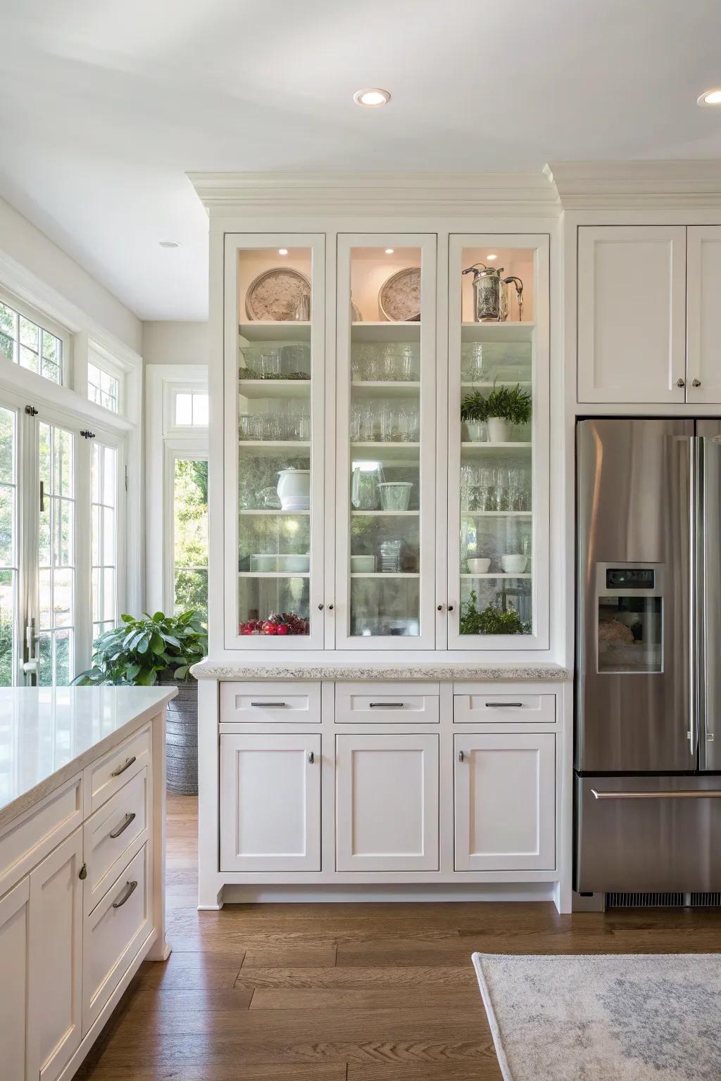 Glass-faced cabinets introduce light and sophistication to the kitchen.