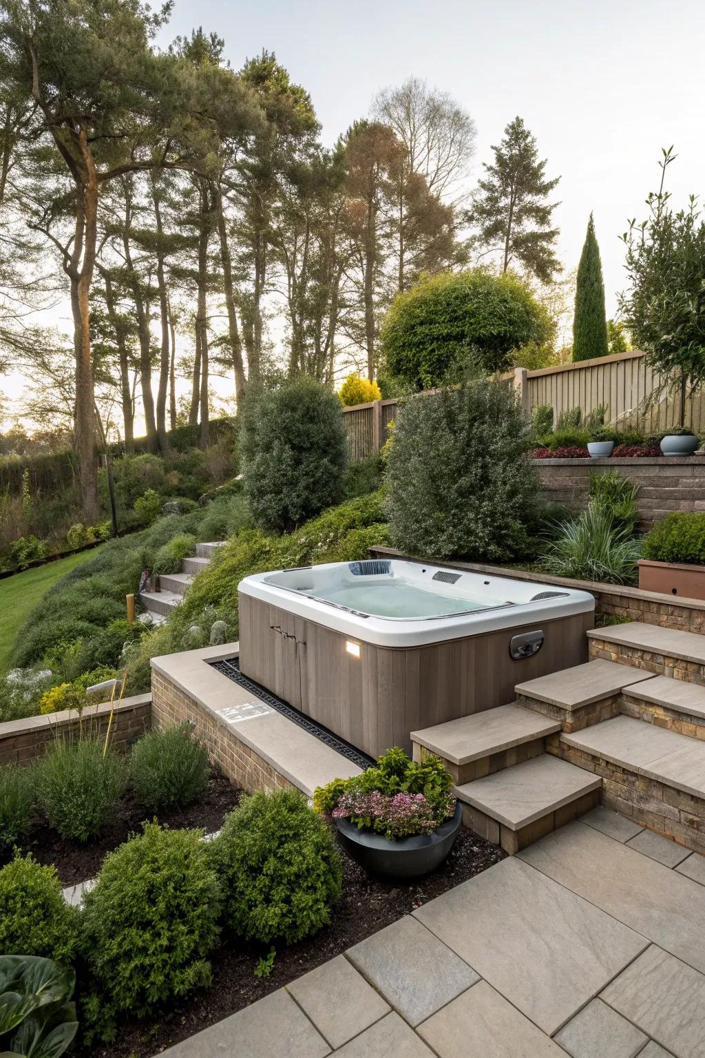 Multi-tiered landscaping appends depth and intrigue to your personal spa space.