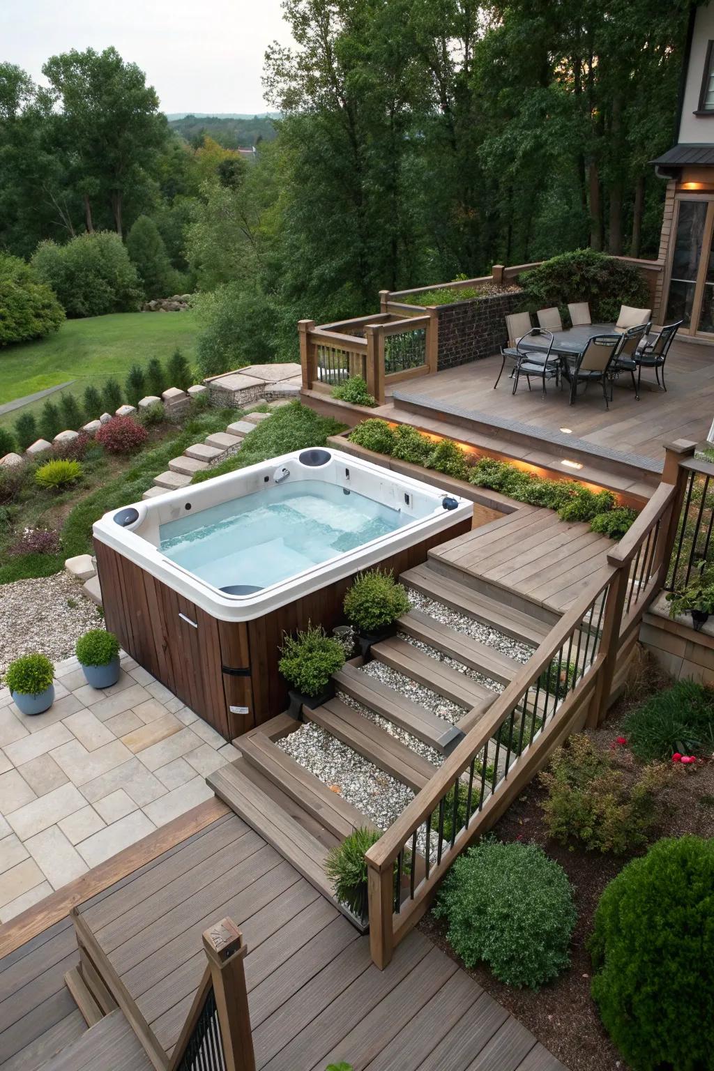Tiered layouts contribute depth and curiosity to your spa location.