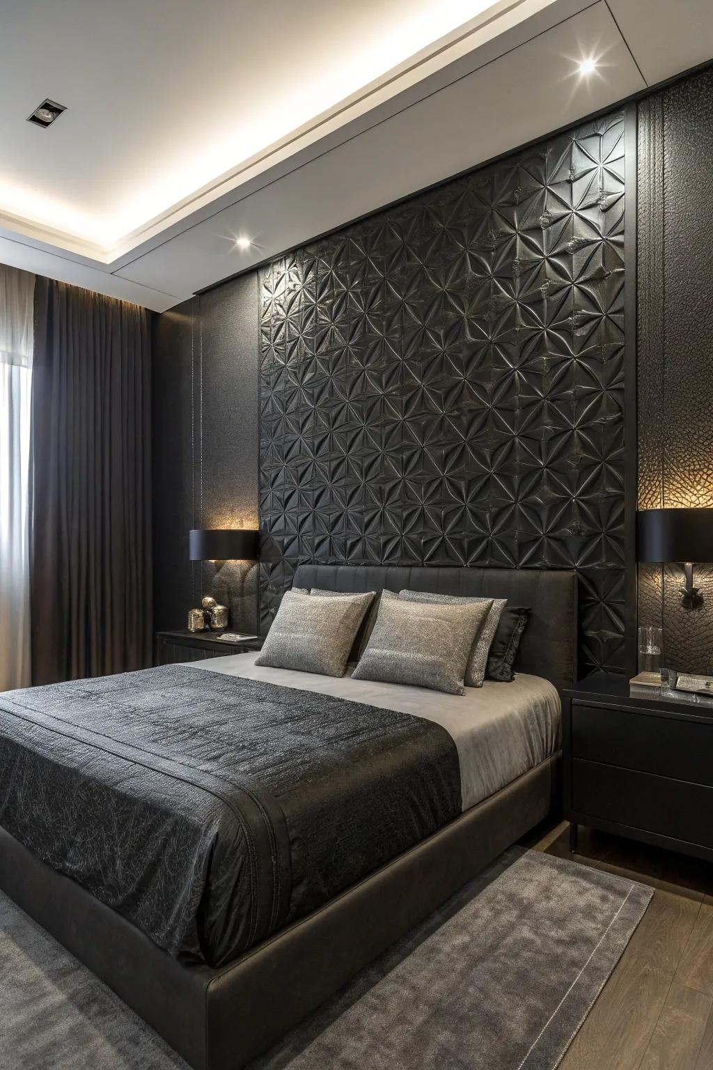 A dark-themed boudoir featuring a textured highlight partition intended for visual fascination.