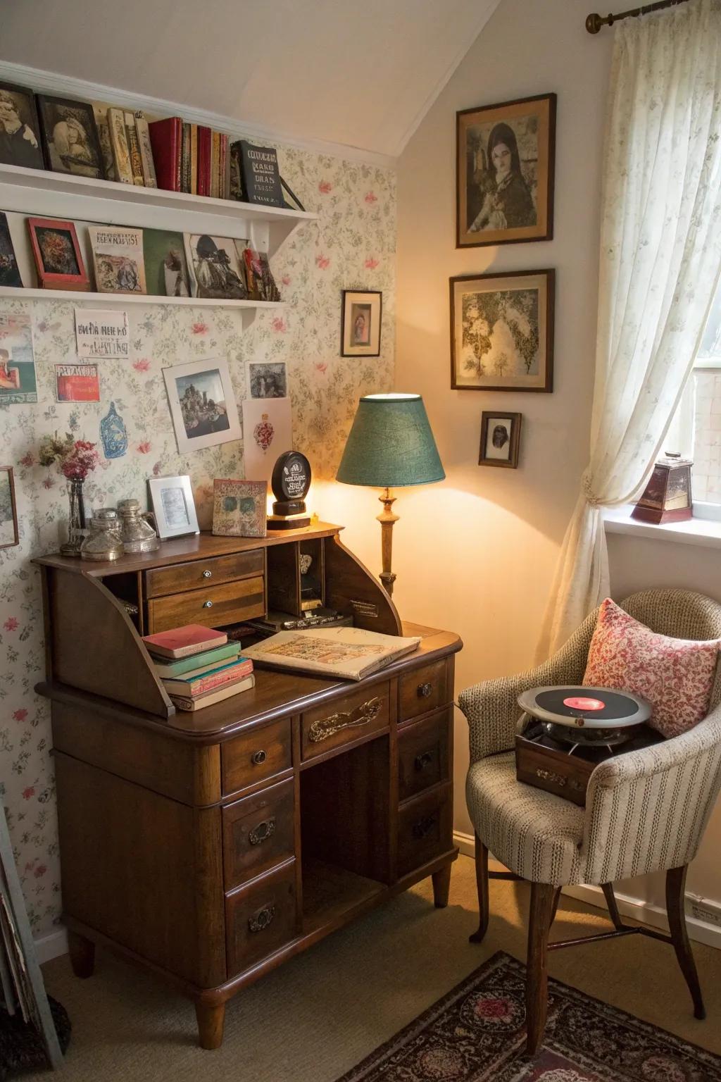 Vintage finds filling the room with character and history.