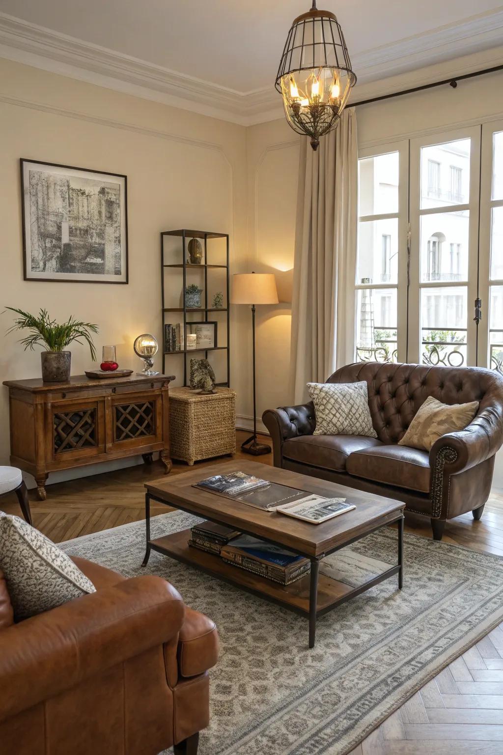A living room blending vintage charm with modern style.