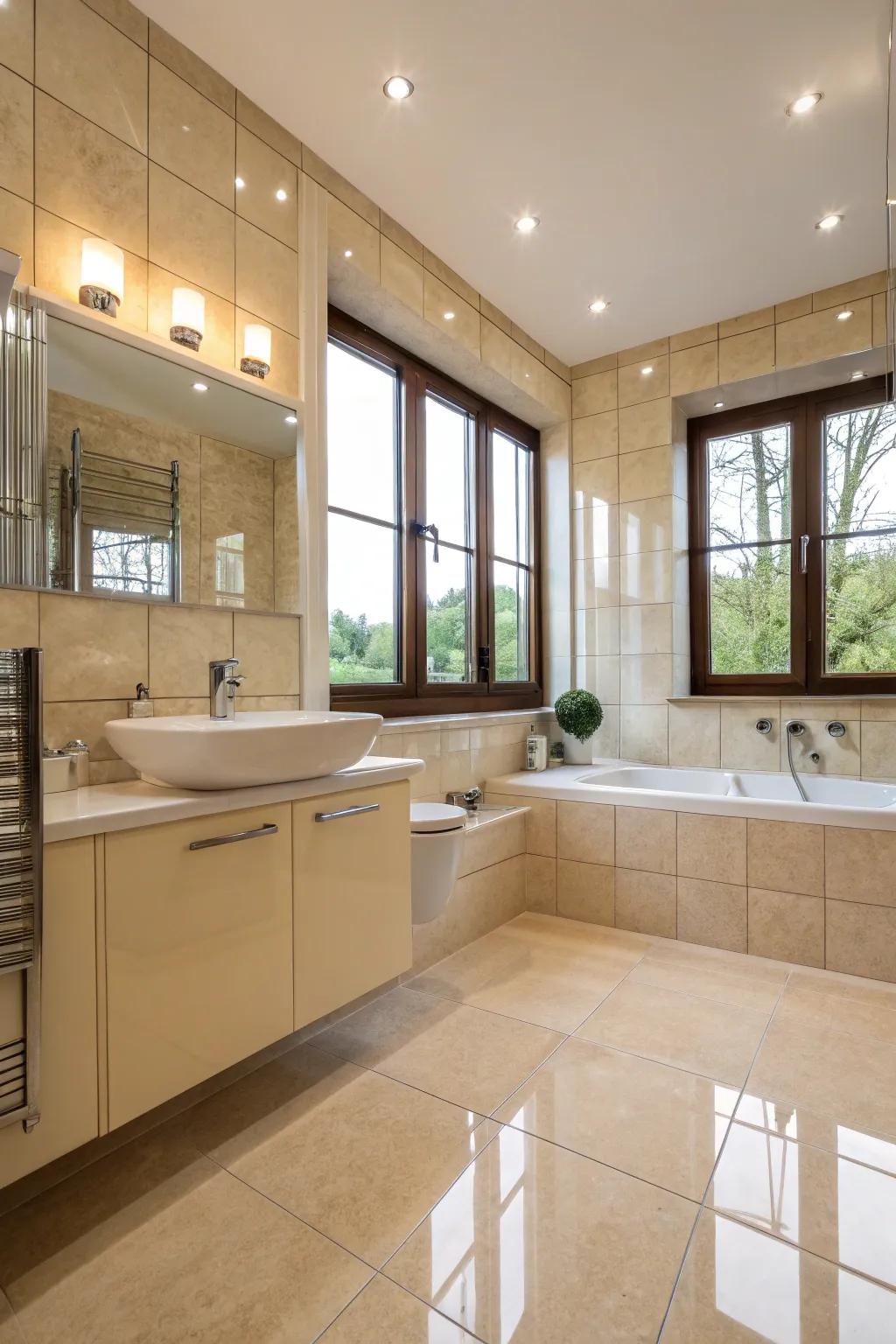 Shiny tiles enhance light and introduce a hint of glamour.