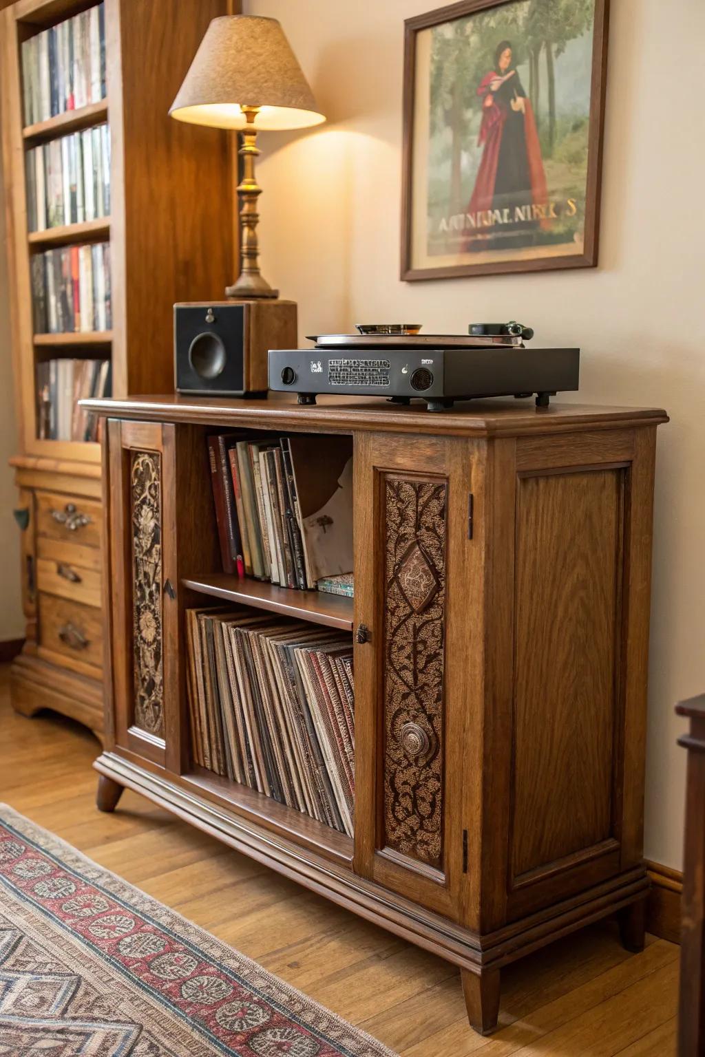 A vintage sideboard repurposed for unconventional vinyl record storage.