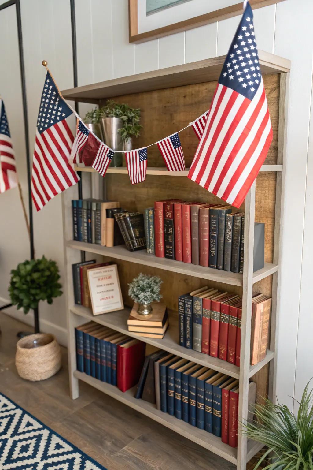Bookcases fashioned alongside flags and books enhance a personal accent.