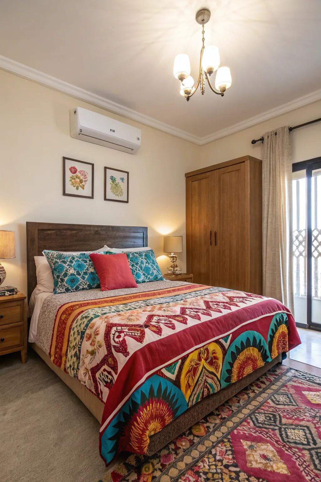 An apartment bedroom brought to life with vibrant and colorful bedding.