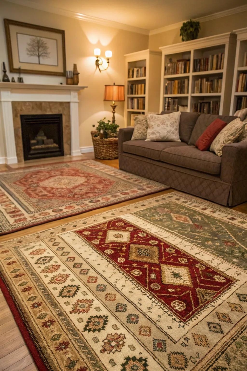 This cozy living area makes great use of layered rugs to add warmth and define spaces.