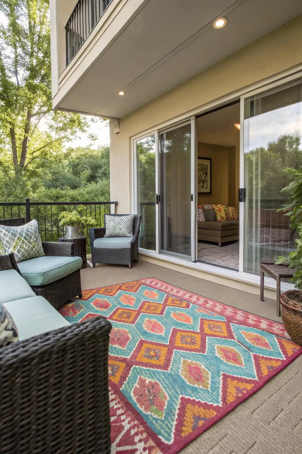 An exterior floor covering injects flair and ease to the patio.