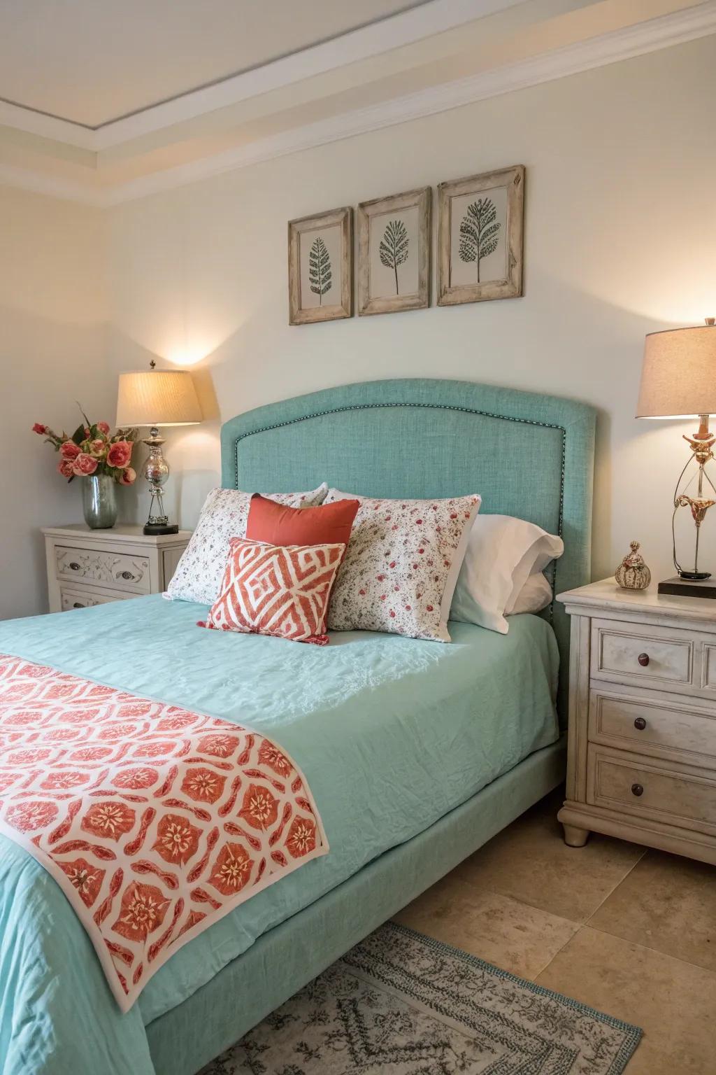 Salmon accents bring a lively contrast to the sky room.