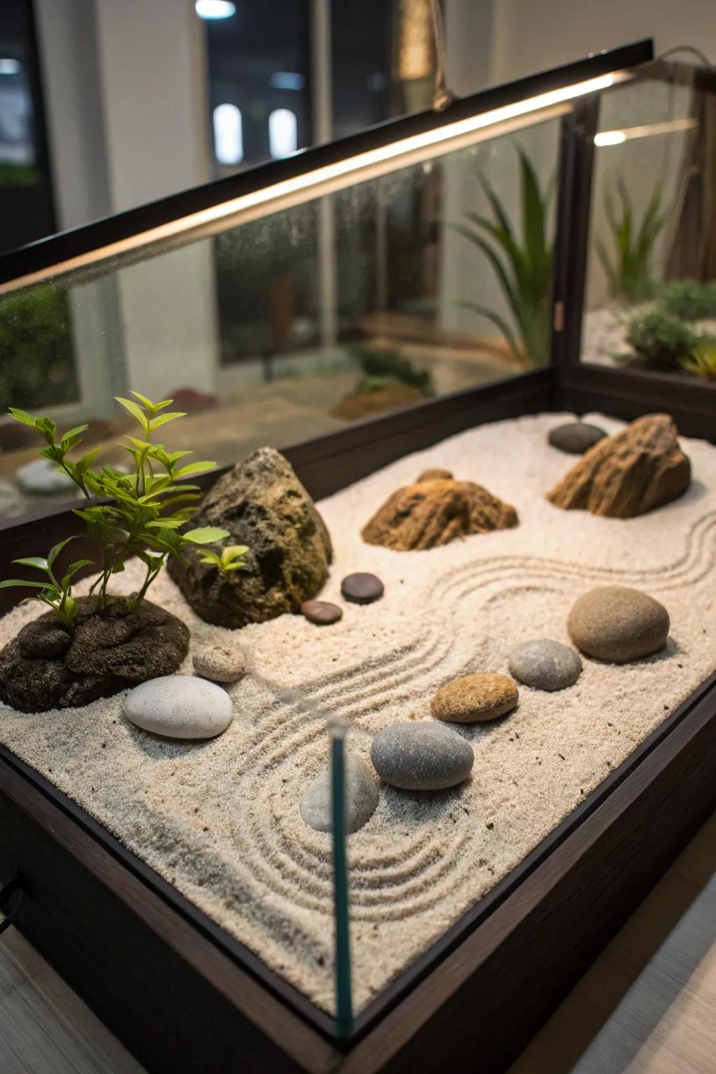 A zen garden aquarium cultivates tranquility and serenity.