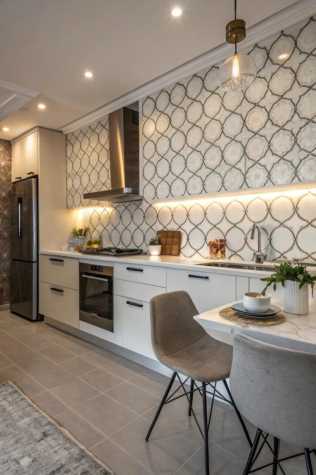 A modern kitchen is styled with a lively mix of sleek and unpolished arabesque tiles.