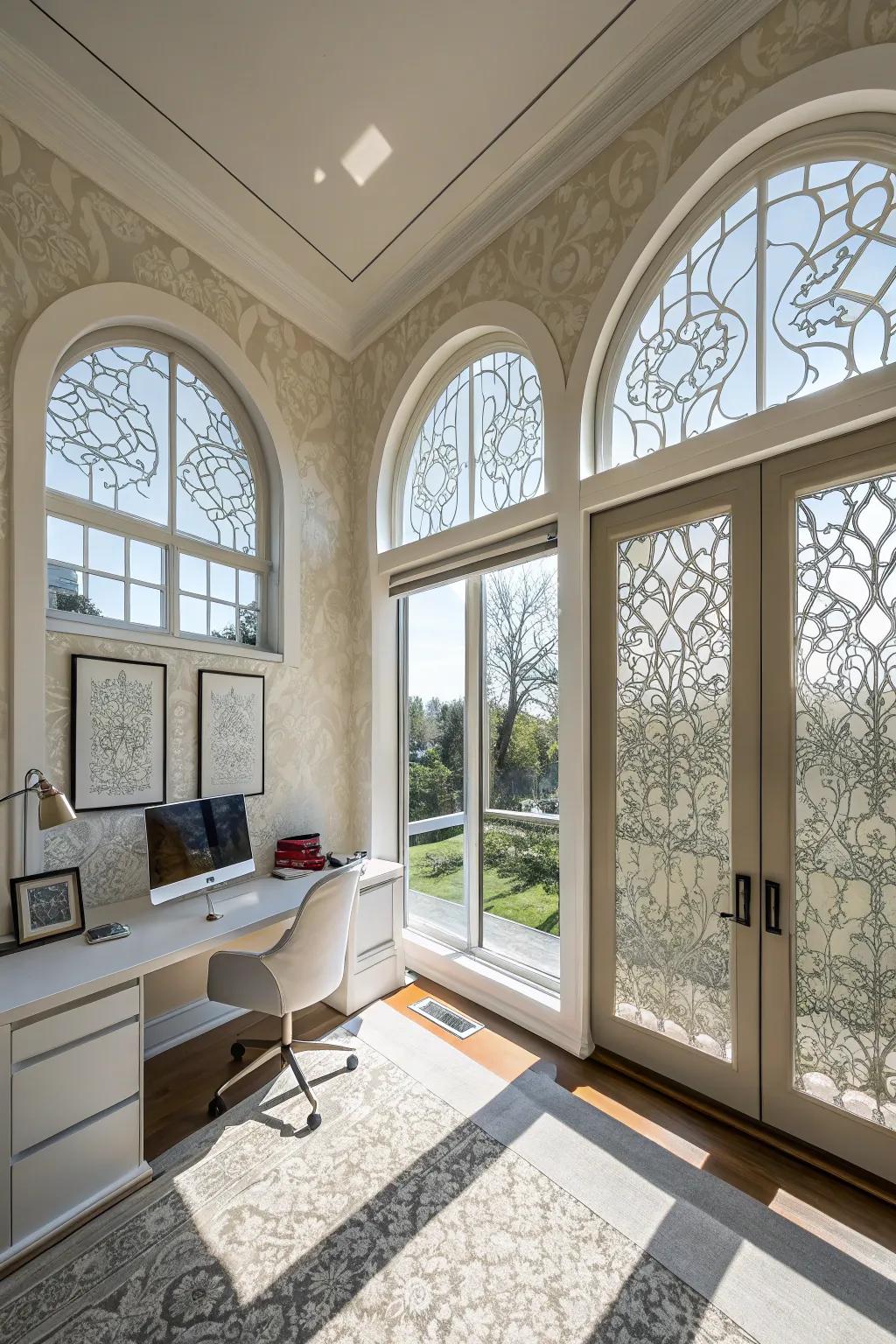 A contemporary dwelling office showcases ornamental membrane on arched windows.