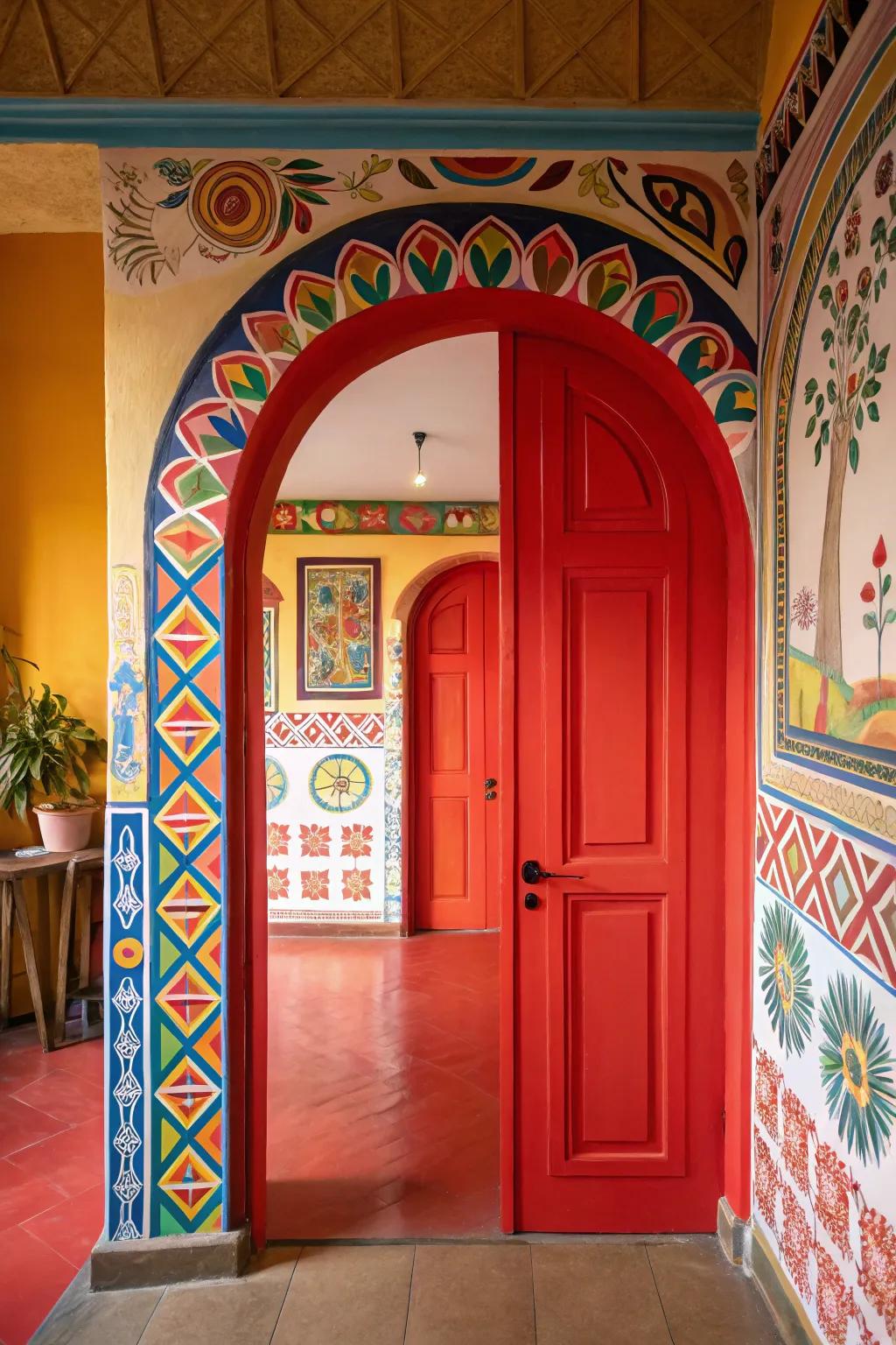A daring colored archway gate serving as a striking centerpiece within a vibrant chamber.