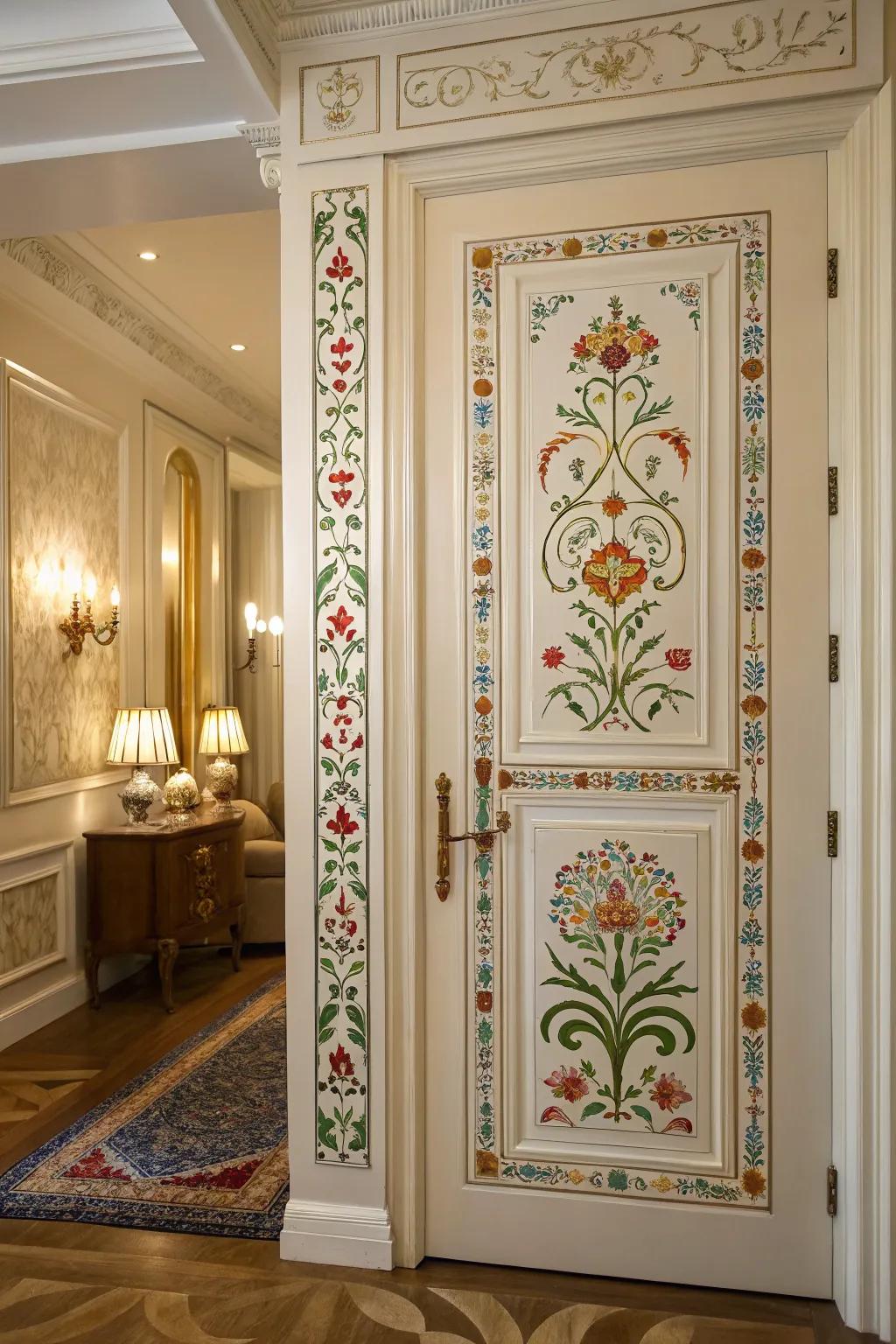 A door adorned with stencil designs for a personalized artistic touch.