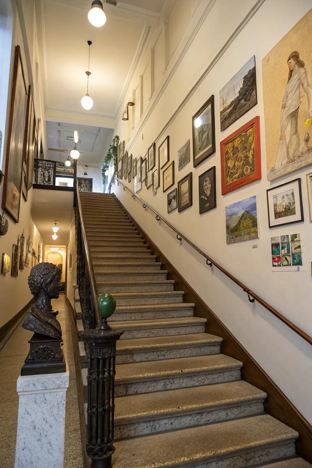A stairwell gallery adds visual interest to an often-overlooked area.