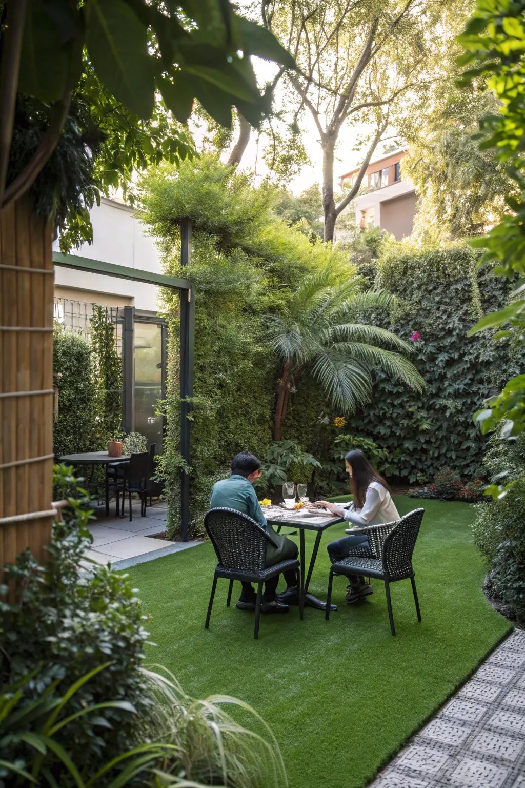 Dine outdoors in comfort with a beautiful synthetic lawn setting.