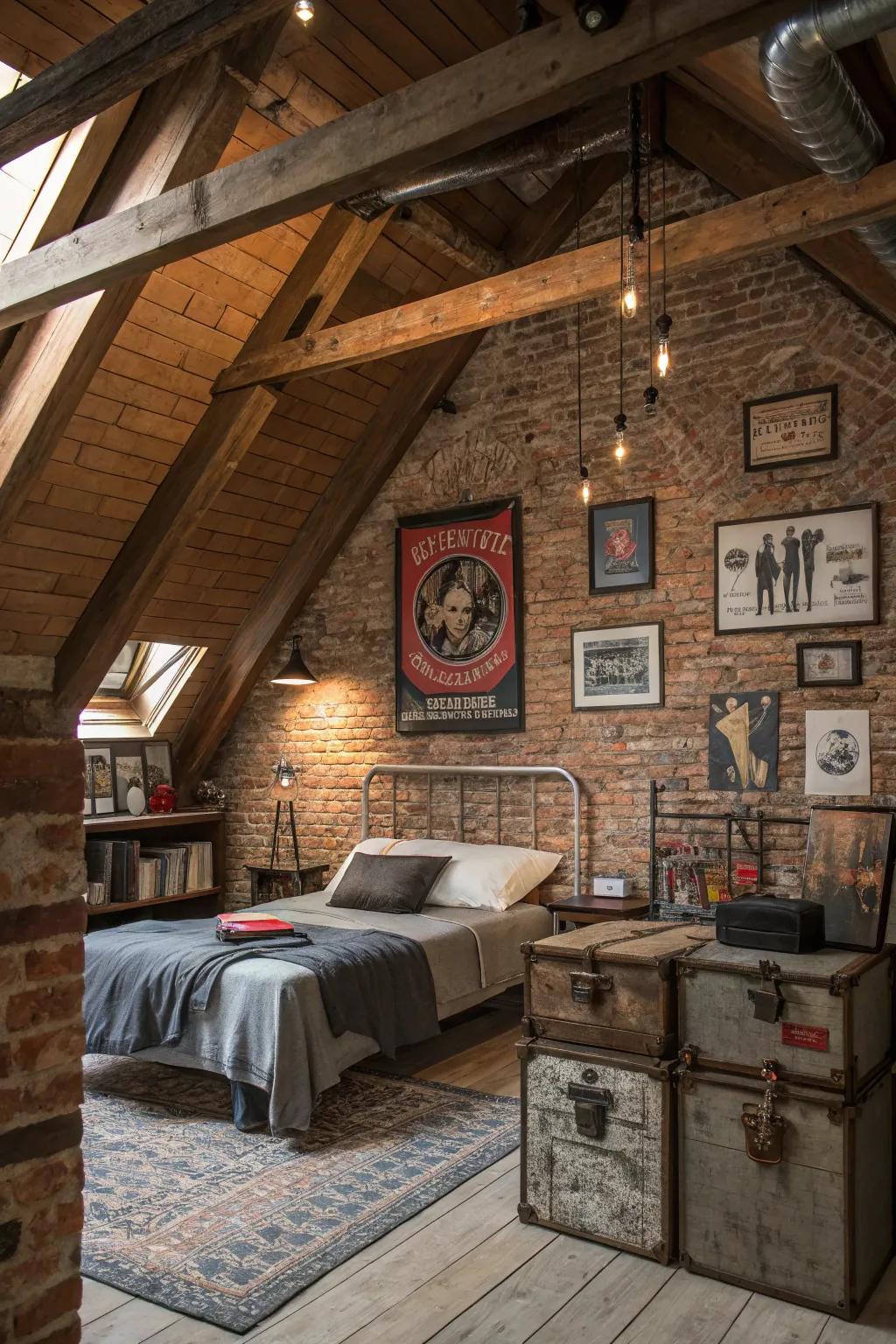 Uncovered brick walls contribute texture and industrial flair to your attic space.