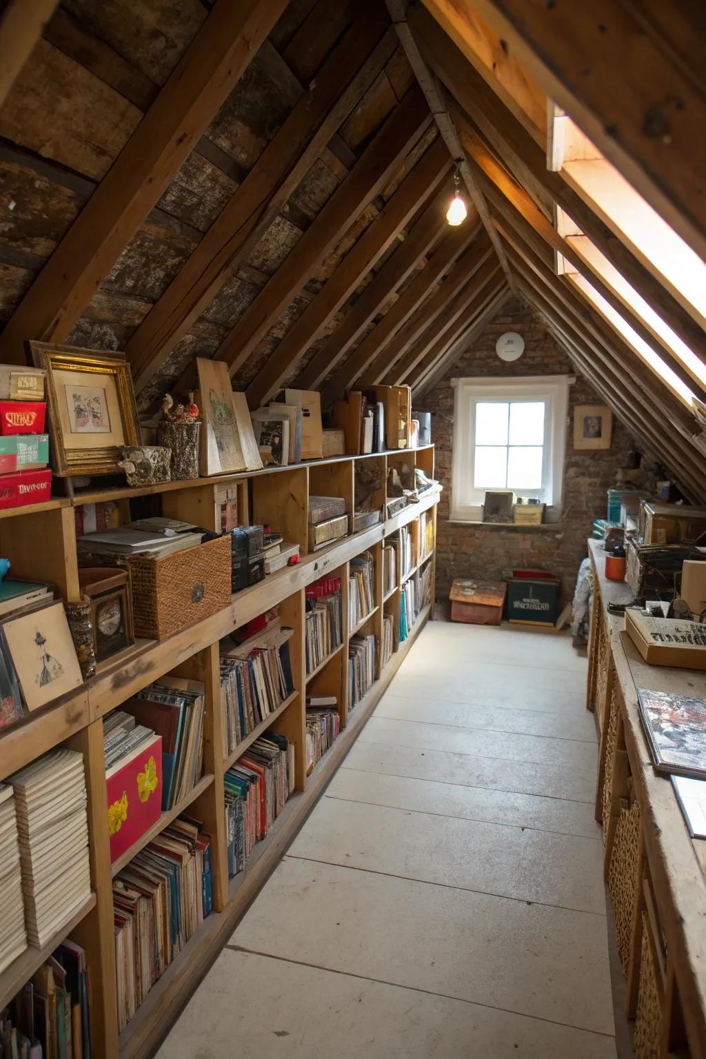 Shelving between rafters optimizes every inch of your attic.