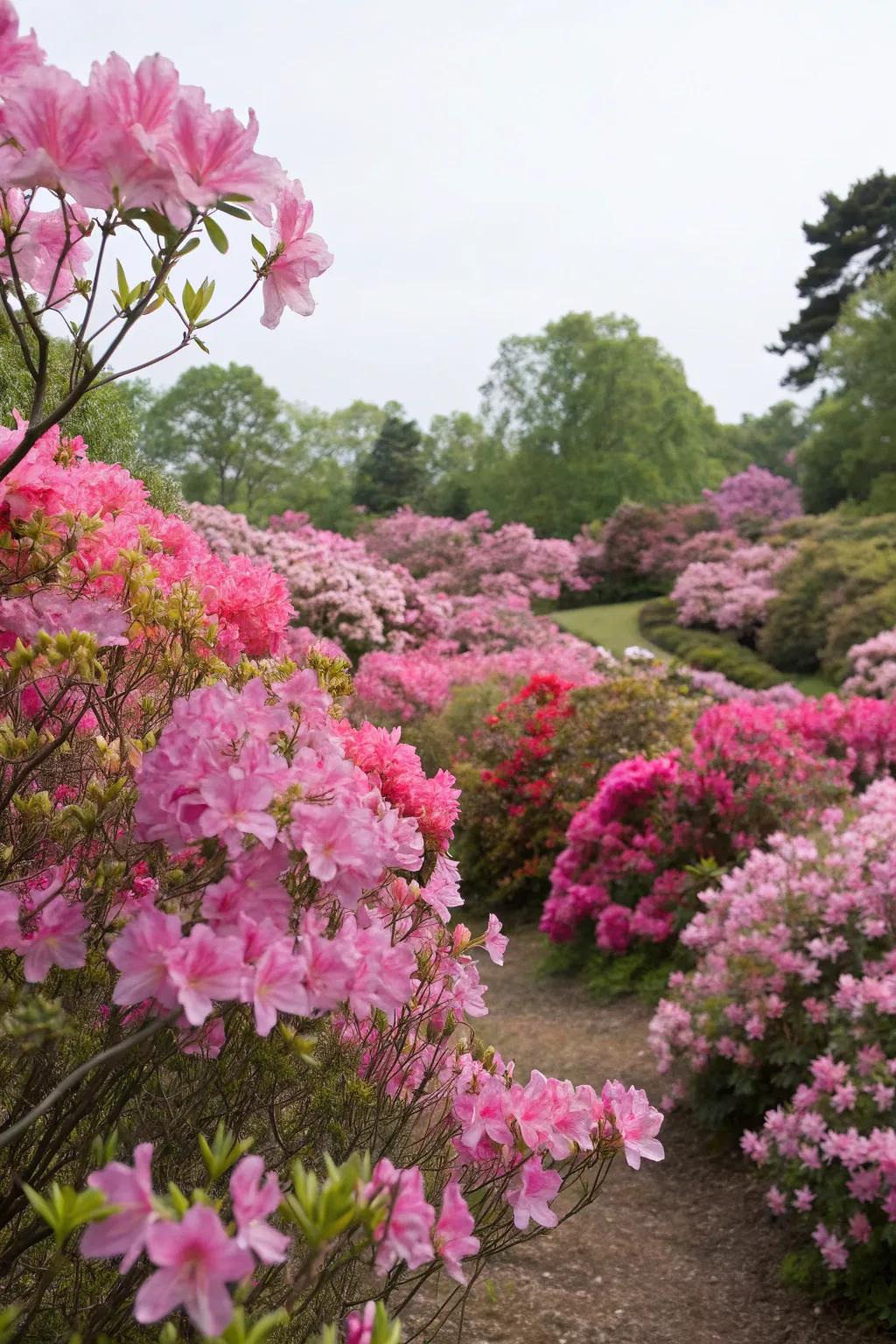 A pigment-themed garden showcasing azaleas in gradients of pink.