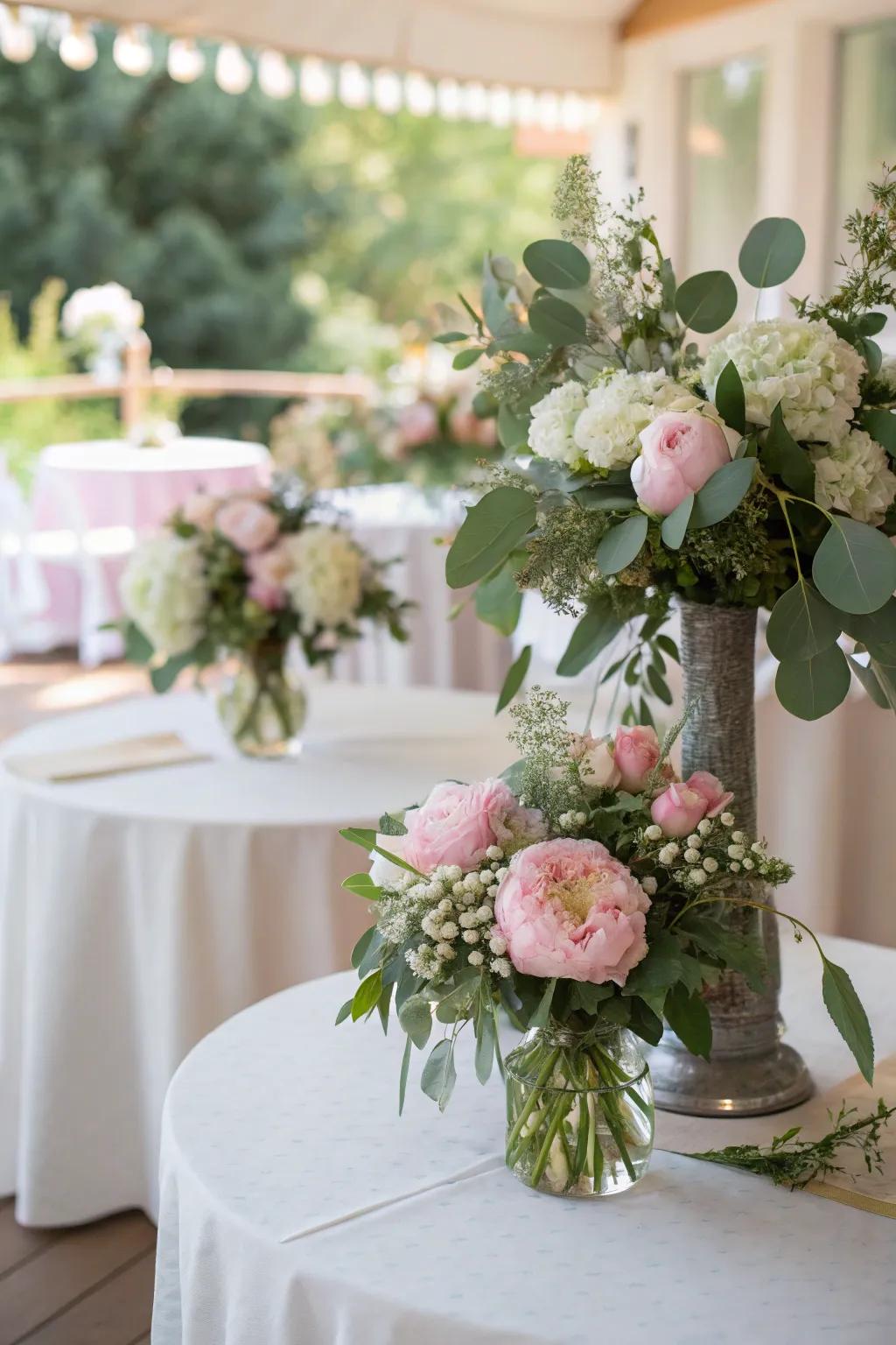 Refined botanical compositions featuring peonies and eucalyptus usher nature indoors handsomely.