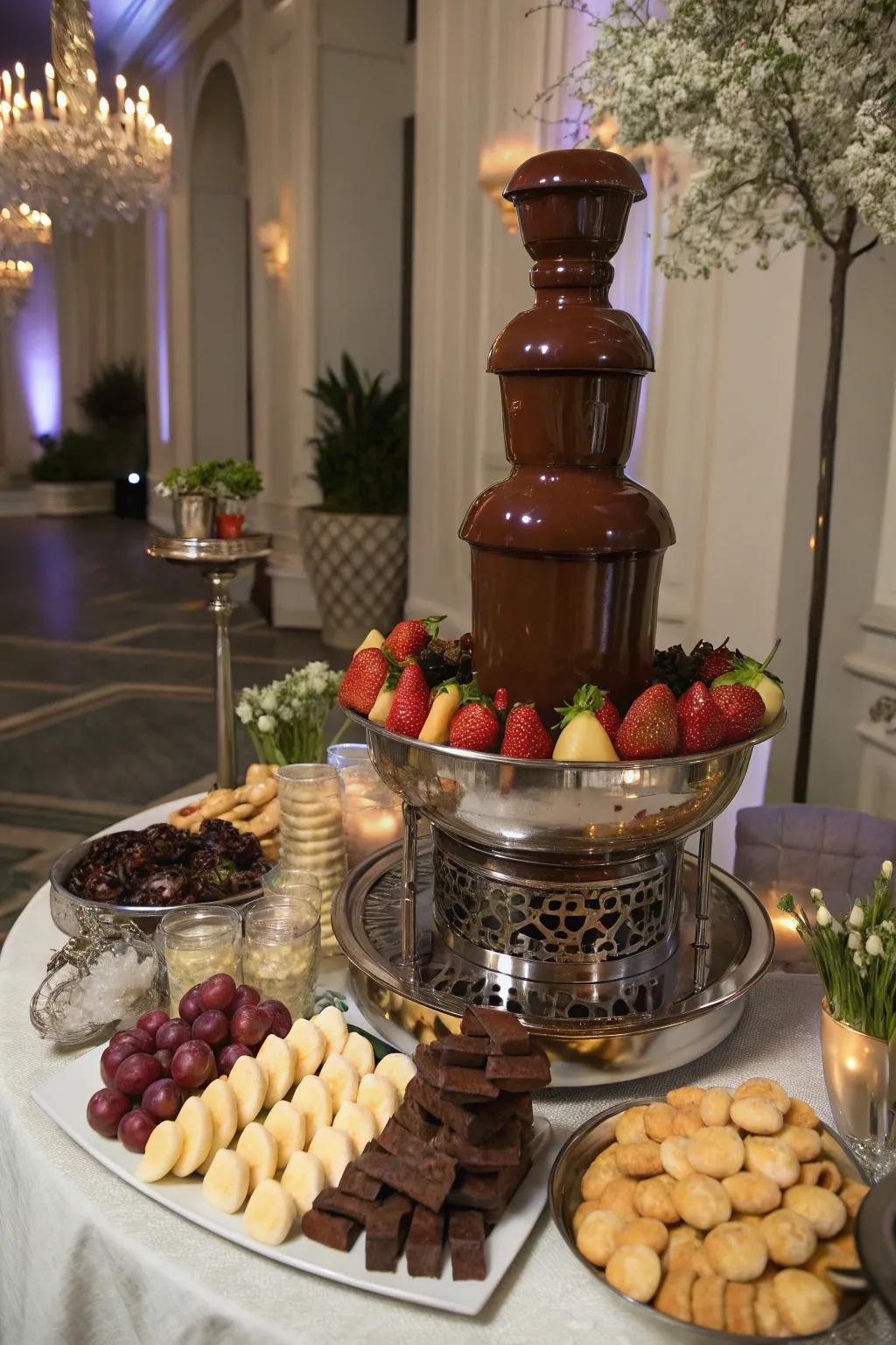 A cascading chocolate feature with an assortment of dippables.