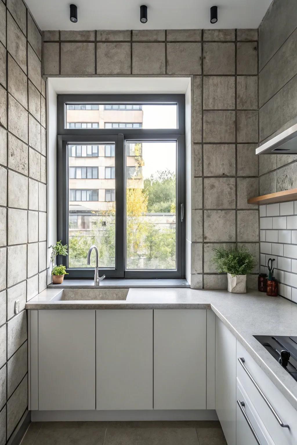 Concrete panels adding an industrial chic vibe around a kitchen window.