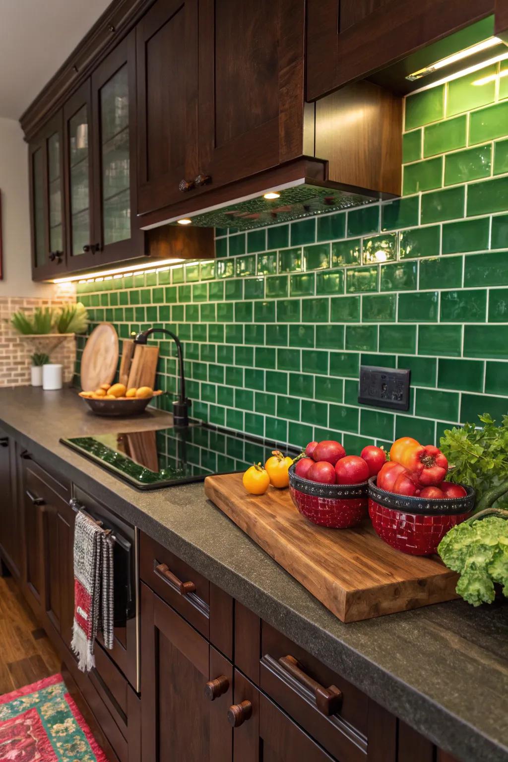 Revitalize your kitchen with lively green glass tiles.