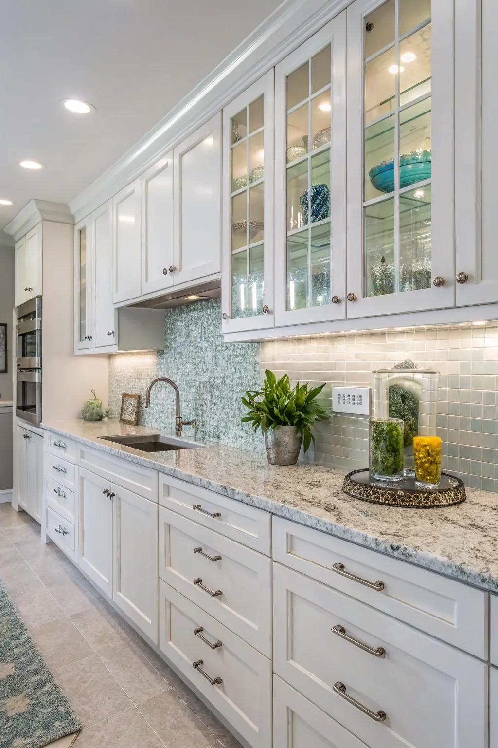 Glass tiles brighten the cooking area with their reflective and elegant facade.