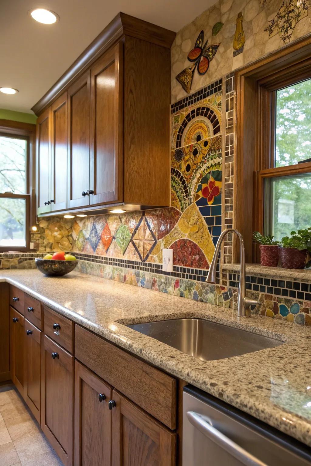 Stone countertops gain an eclectic flair from mosaic accents.