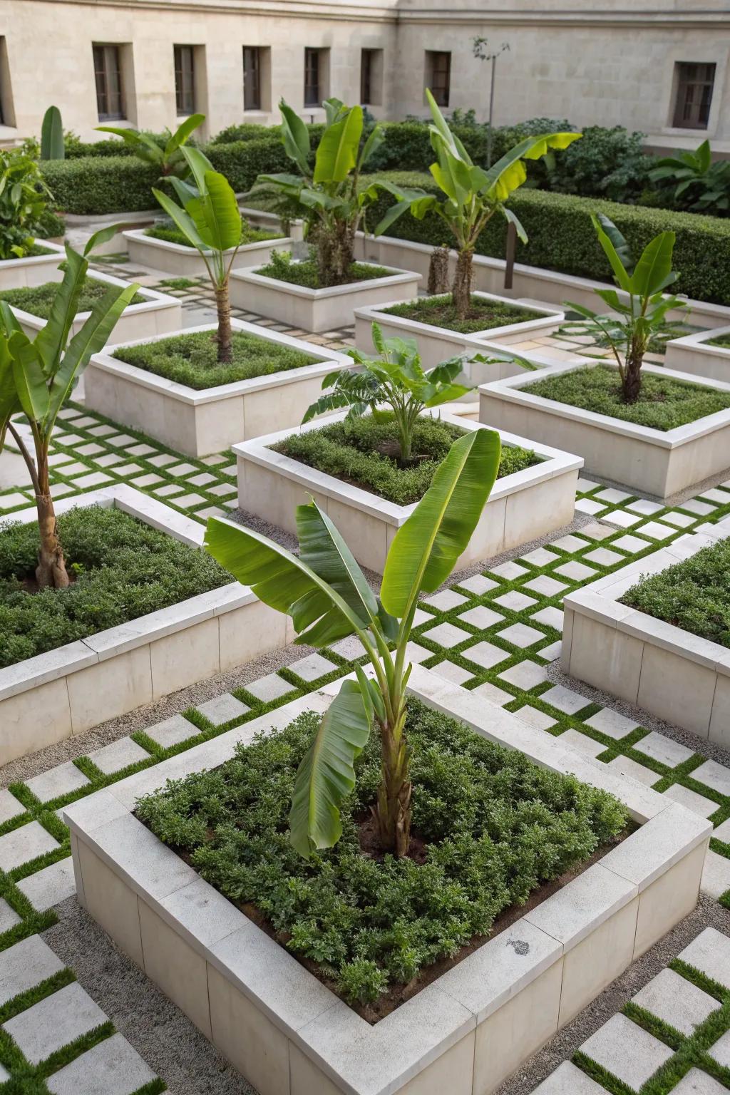 Realize a modern appearance with a geometrical banana tree garden design.