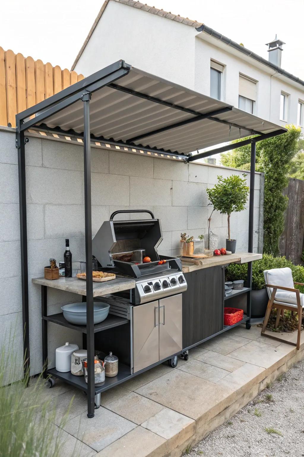 A small awning gives direct protection for grilling in tight spaces.