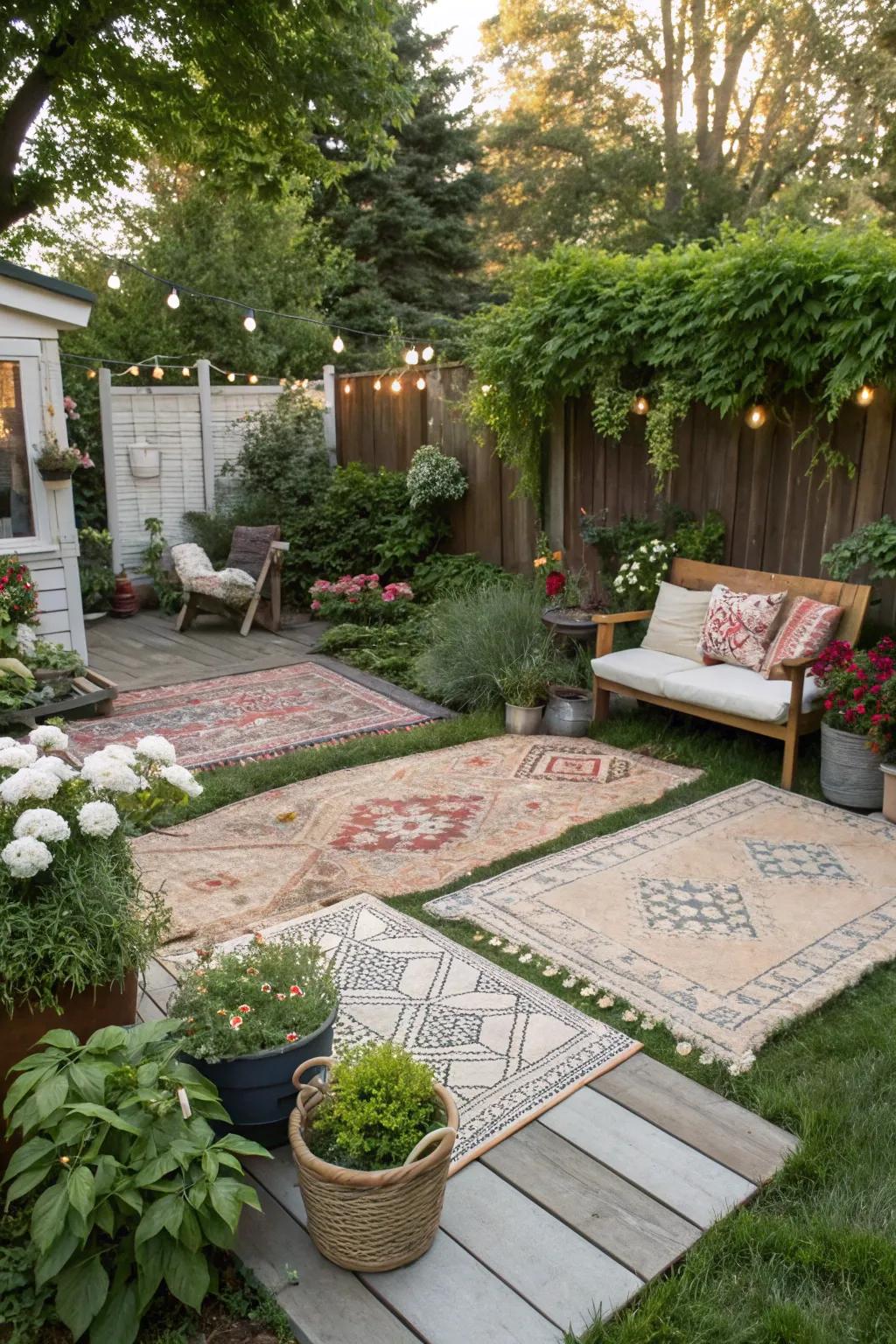 Exterior fabrics provide texture and define areas in the garden.