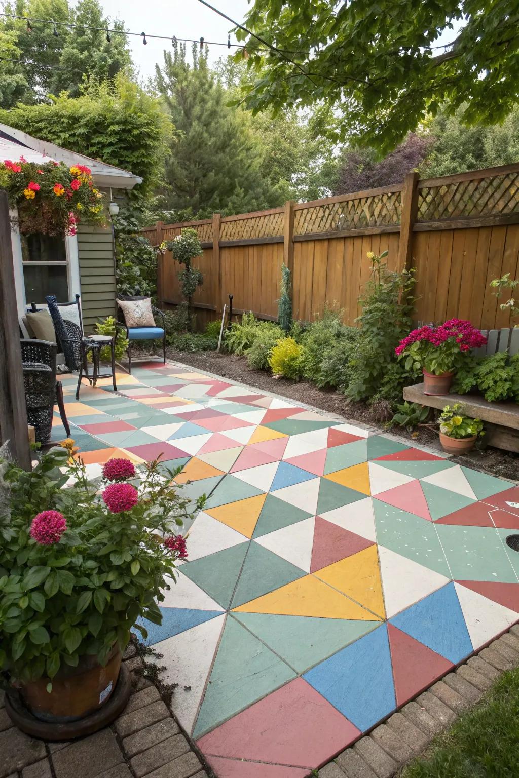 A painted patio floor using vibrant geometric patterns.
