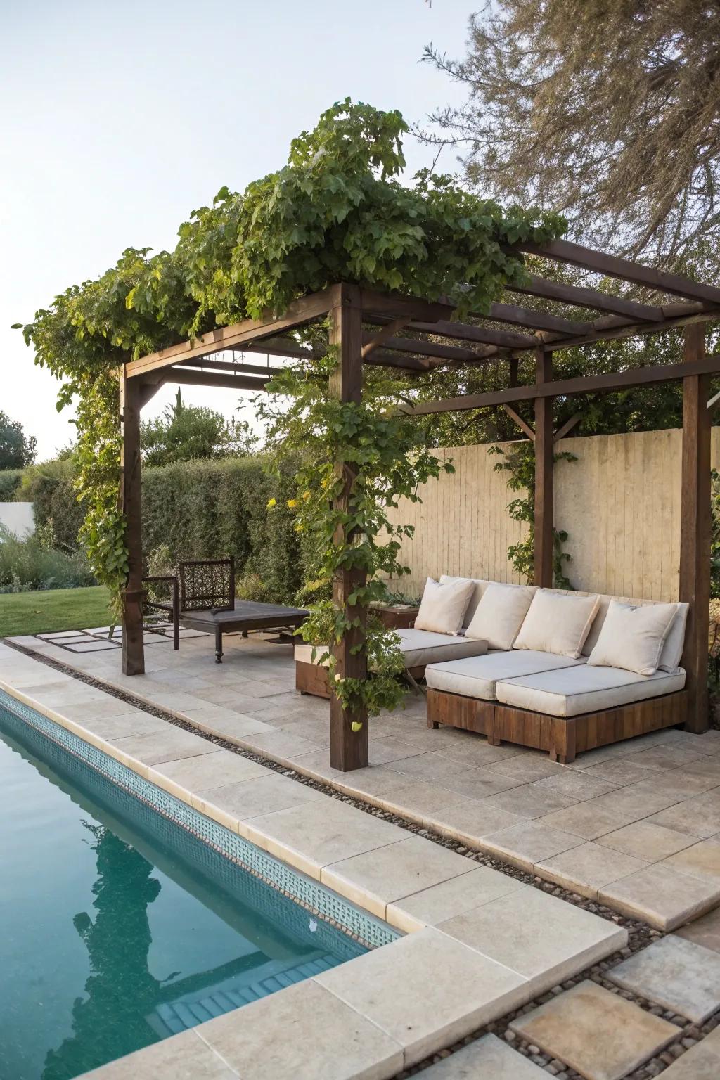 Comfy seating transforms a pergola into a lounge retreat.