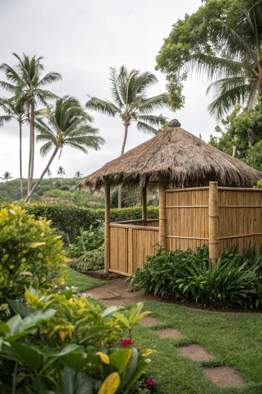A bamboo screen enhances the tropical ambiance and provides privacy.