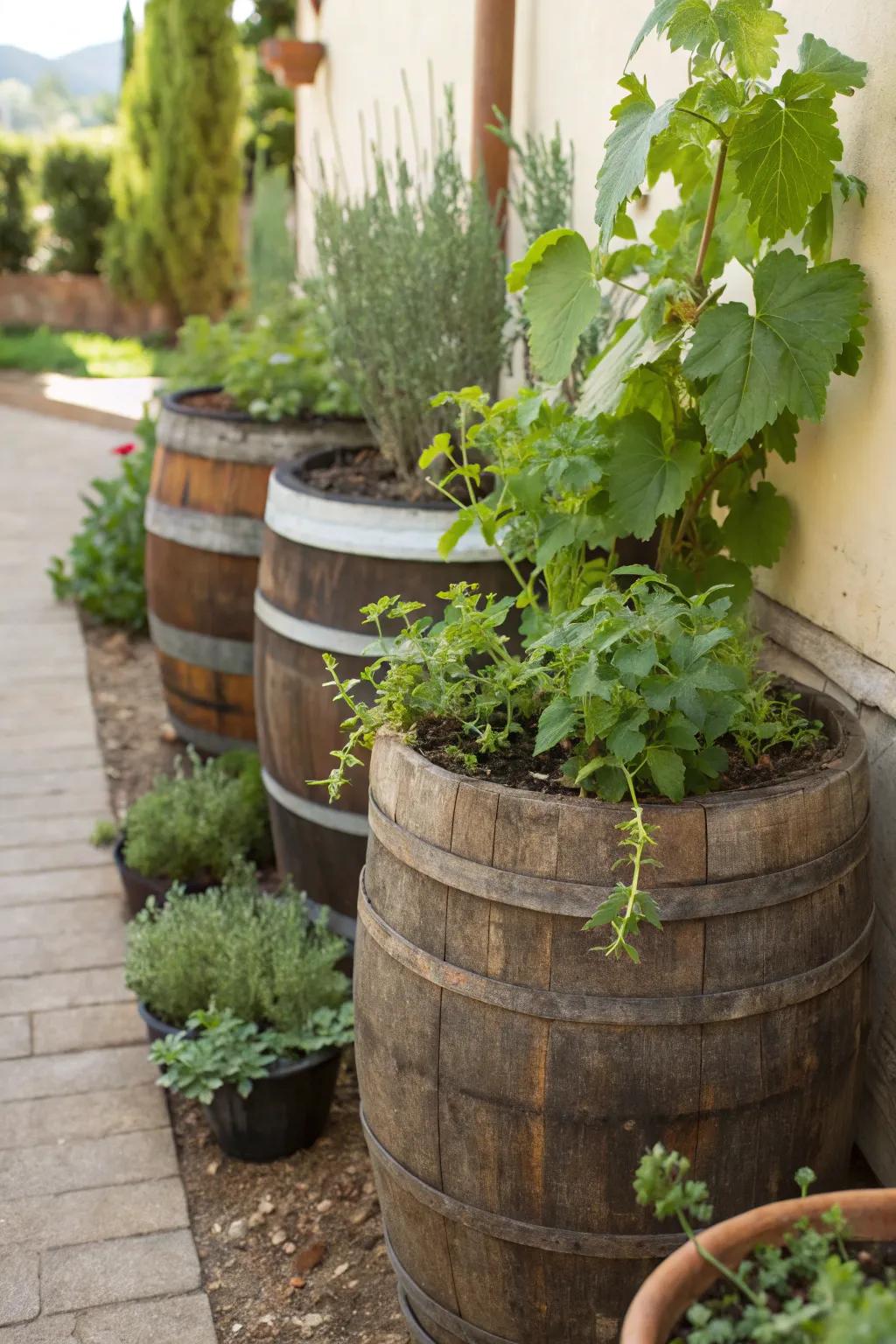 Cask planters provide delightful touches to any vineyard.
