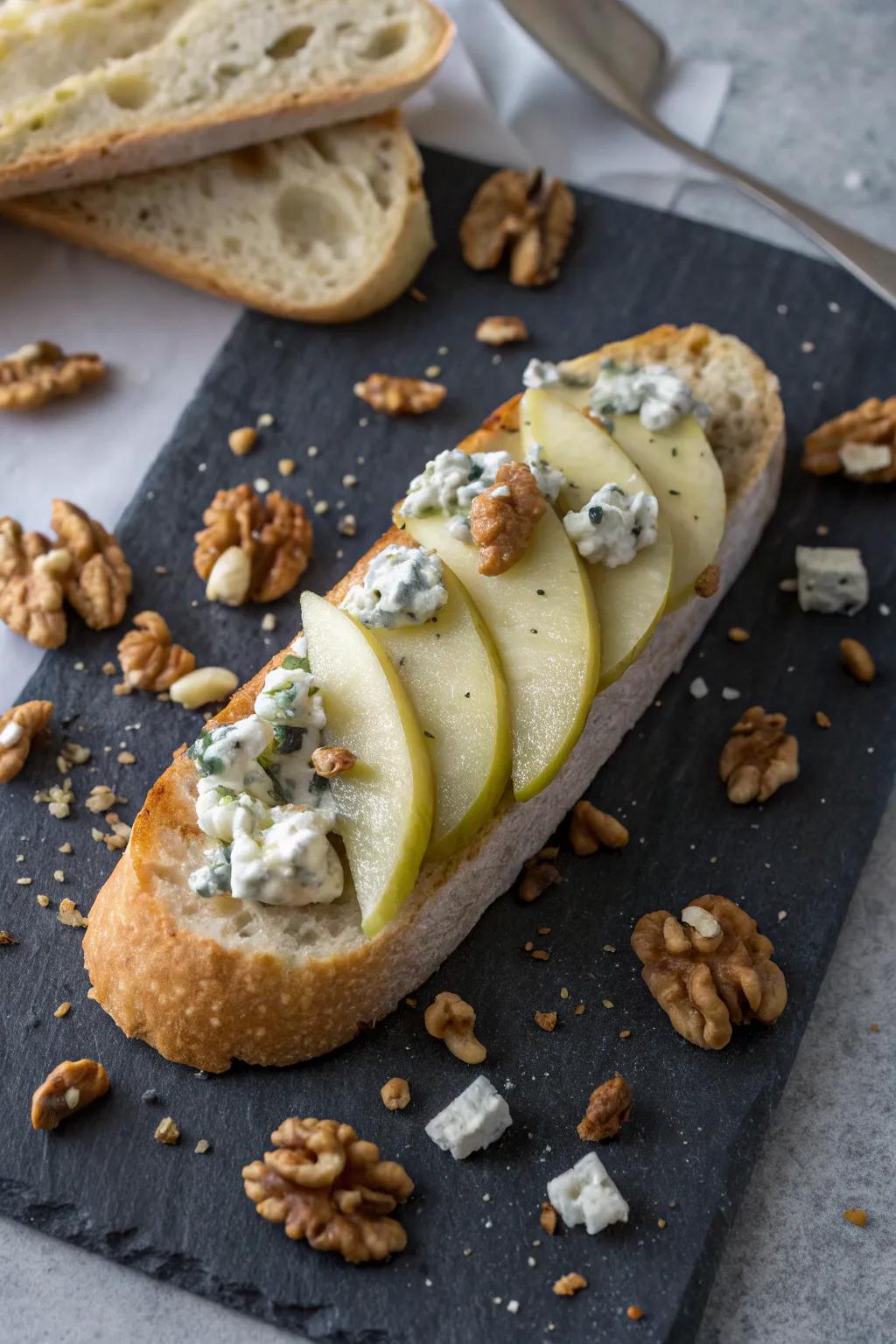 A sophisticated pairing of blue cheese and pear on a baguette.