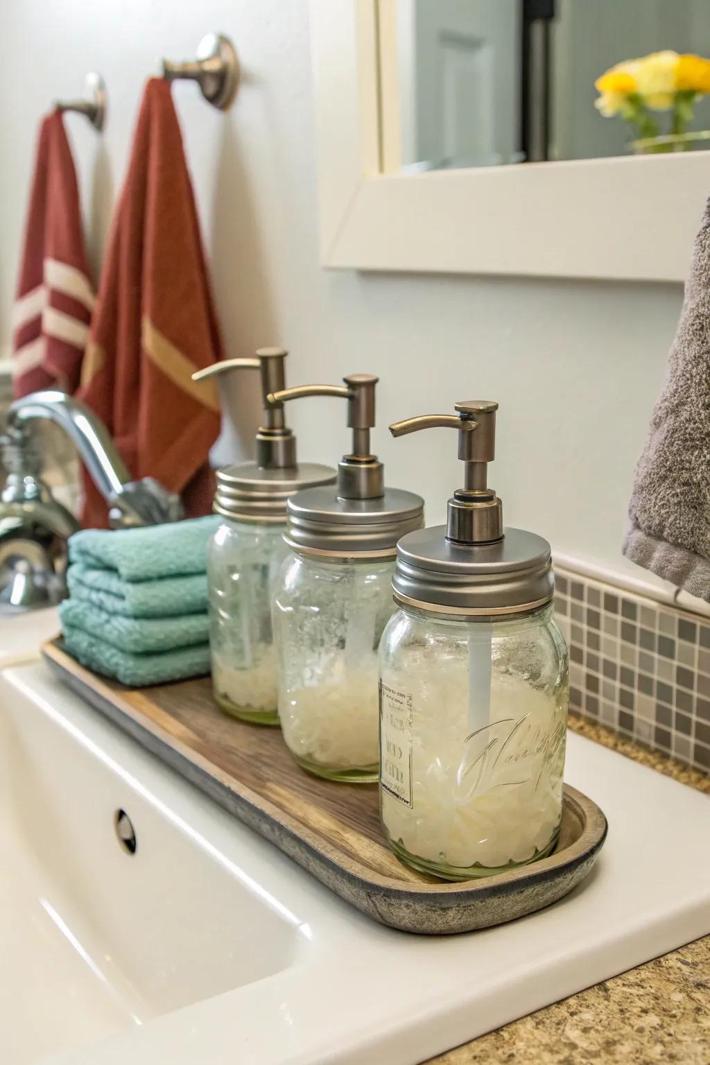 Do-it-yourself soap dispensers created from preserving jars provide a stylish touch.