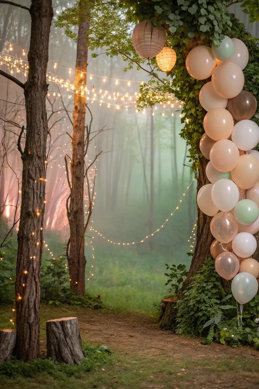 An enchanting forest balloon backdrop that captivates the imagination.