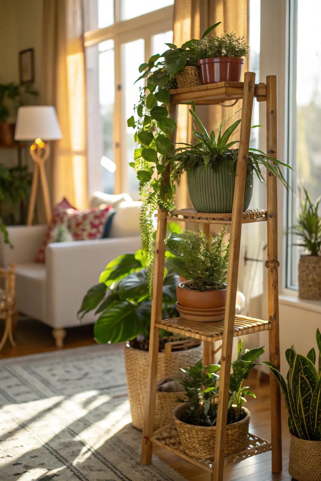 Bamboo plant stand with potted plants