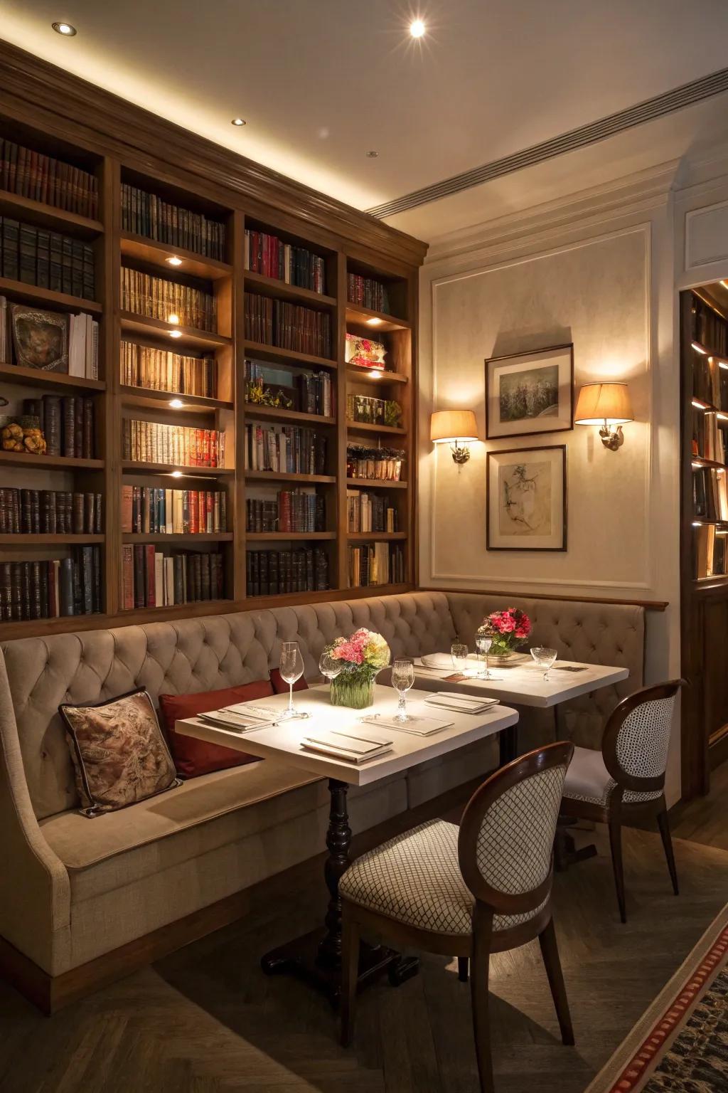 A cozy library-esque dining room featuring banquette seating nestled among bookshelves.