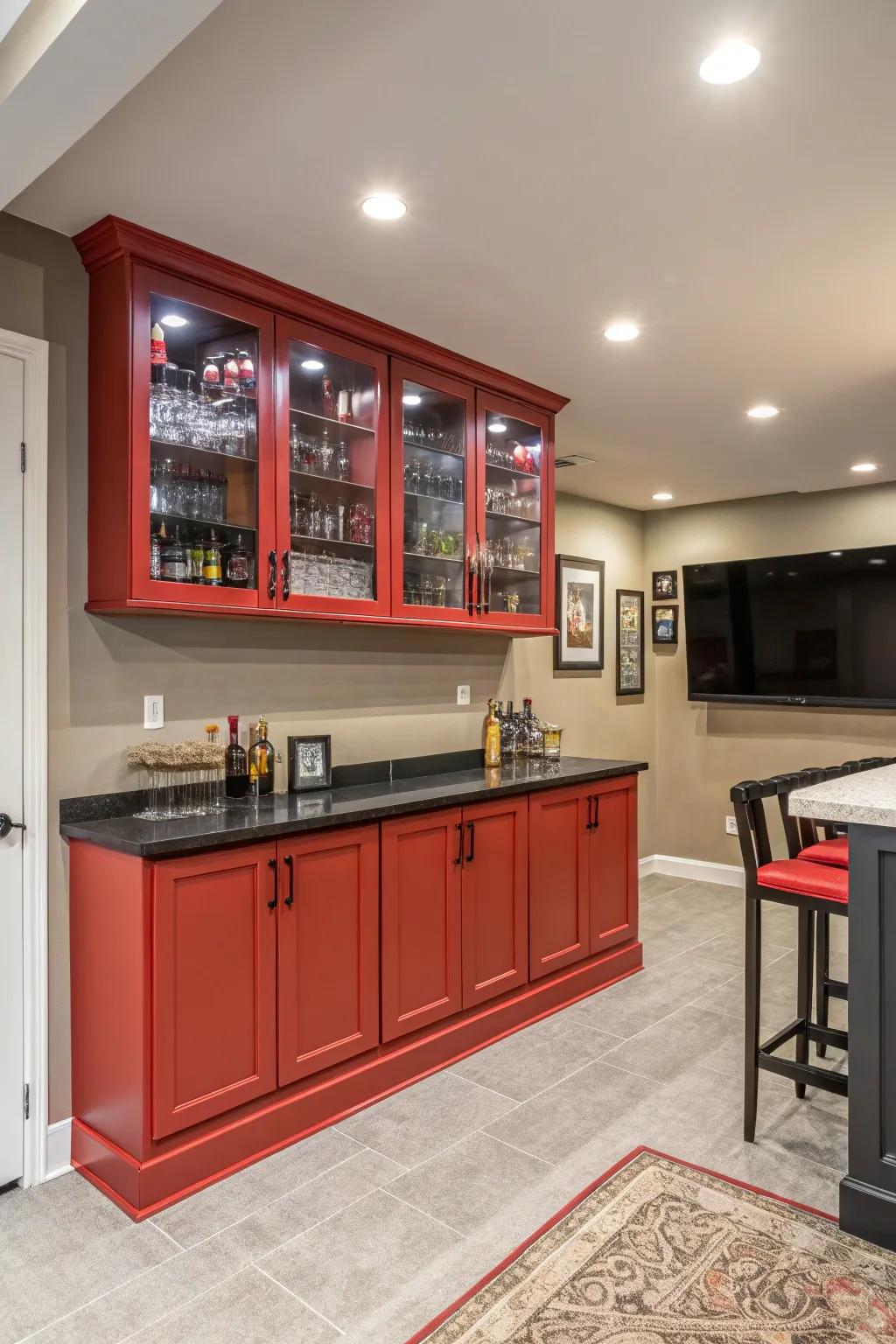 Vibrant cabinetry injects a burst of color and personality into your bar.