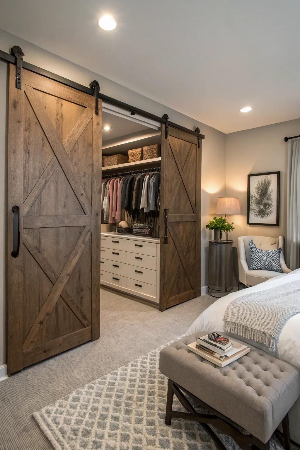 Gliding stable doors offer a space-saving solution for this chic bedroom closet.