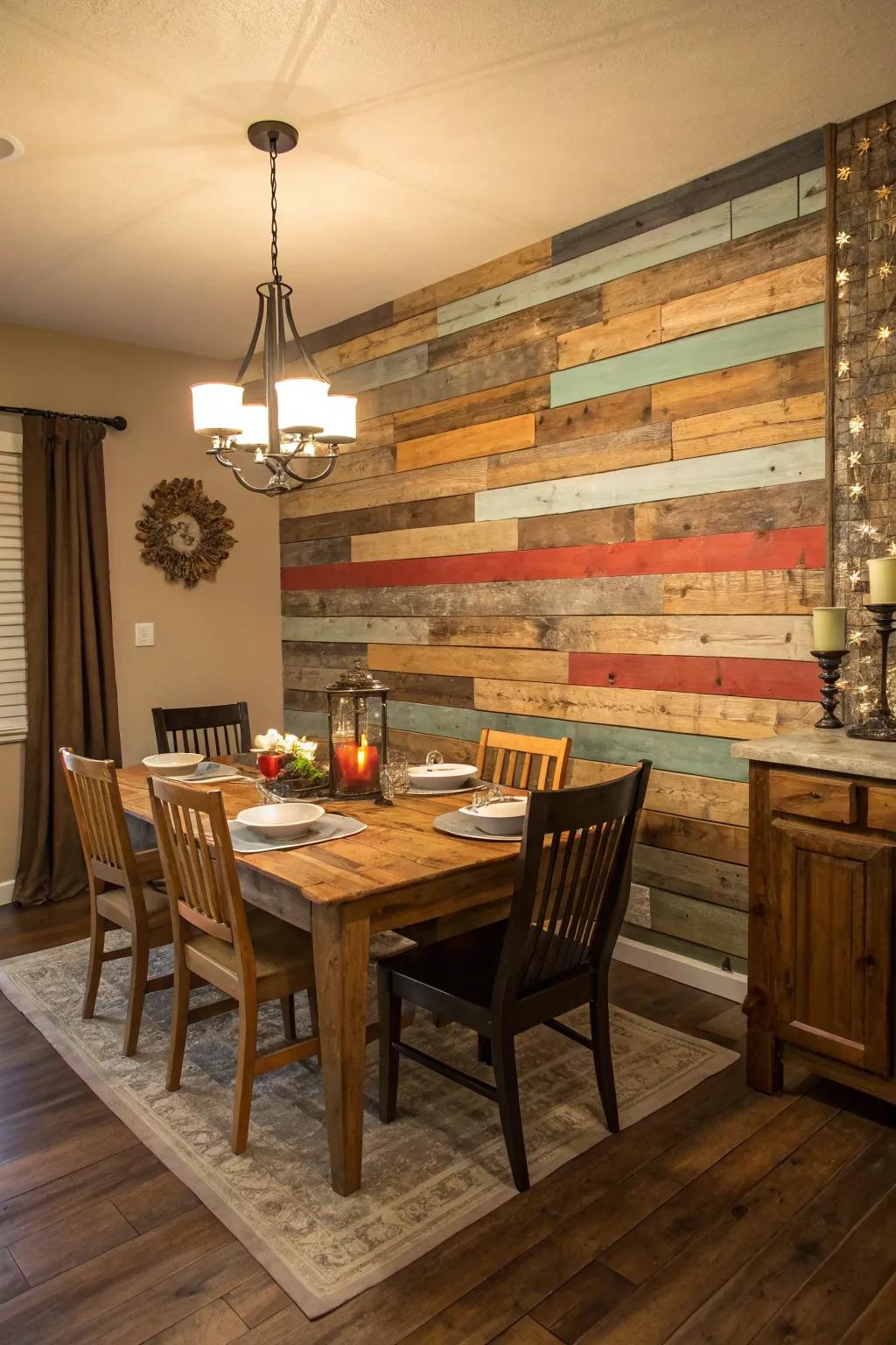 A multicolor barnwood pallet wall making a statement.