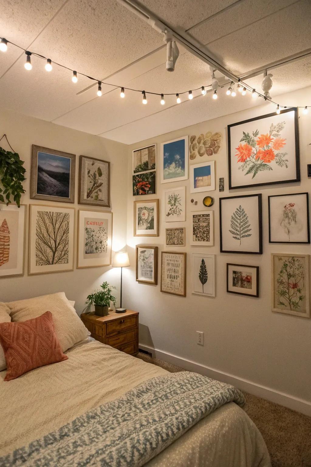 A highlight surface with artwork infuses personality into this basement bedroom.