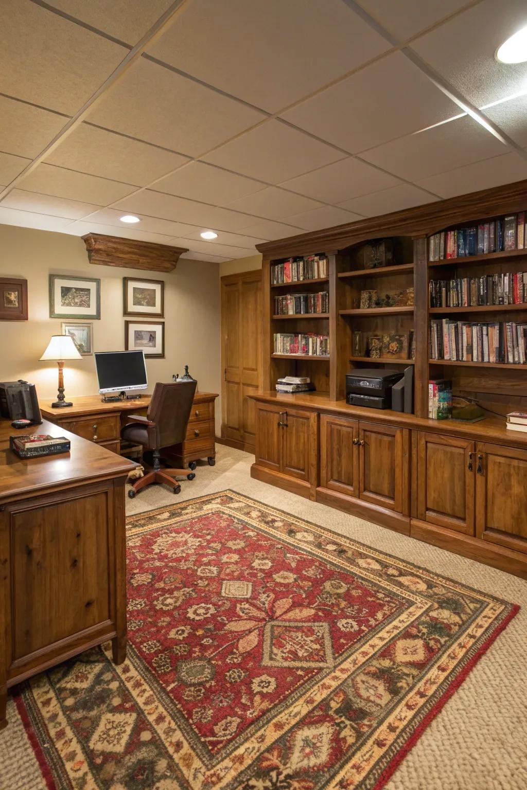 A cozy rug improves both the comfort and the design of your basement office.