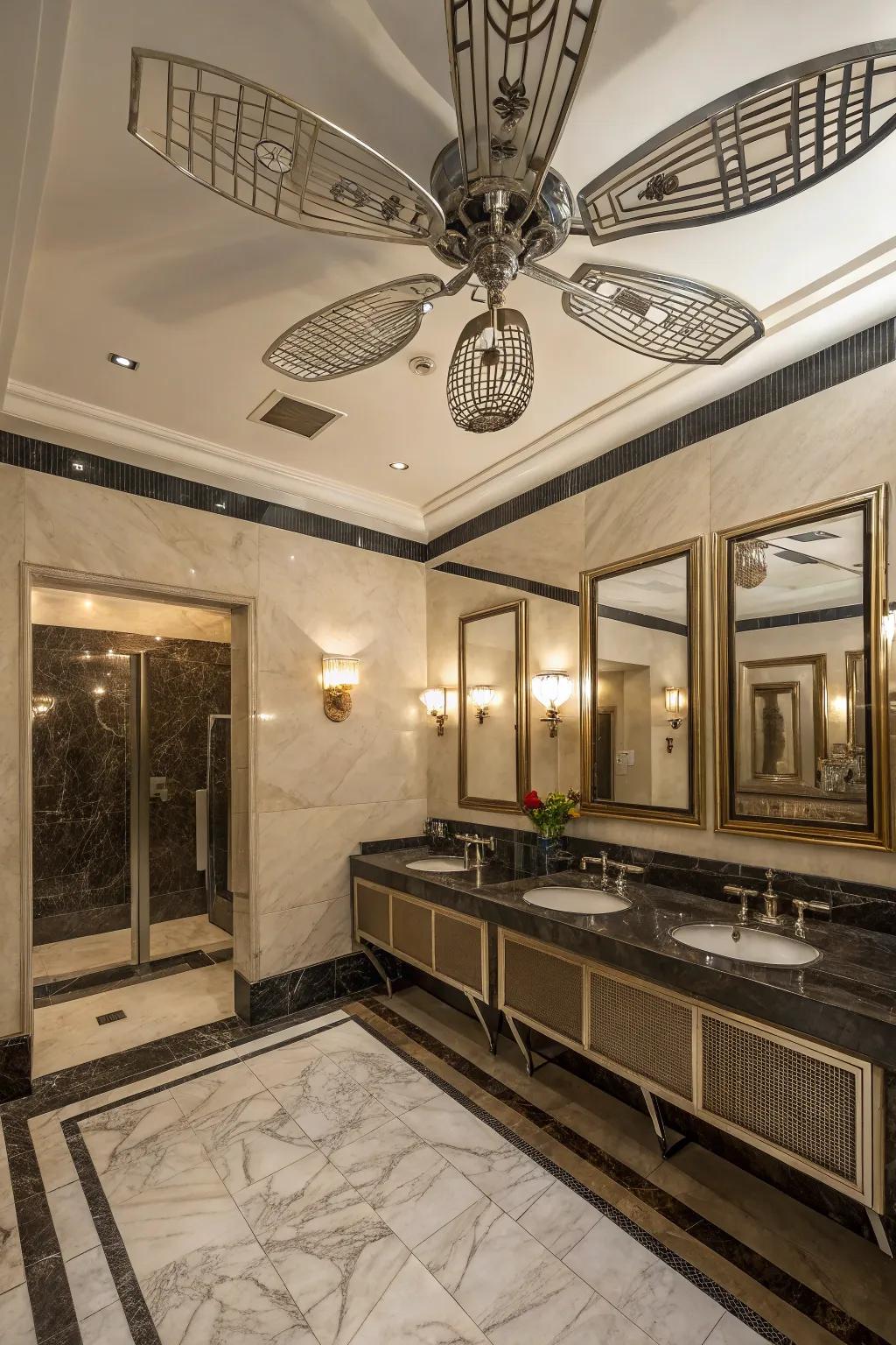 An Art Deco-inspired bathroom that presents a luxurious ceiling fan.