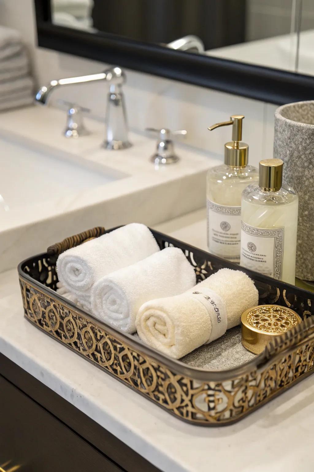 Rolled towels in a serving dish offer a neat and elegant presentation.