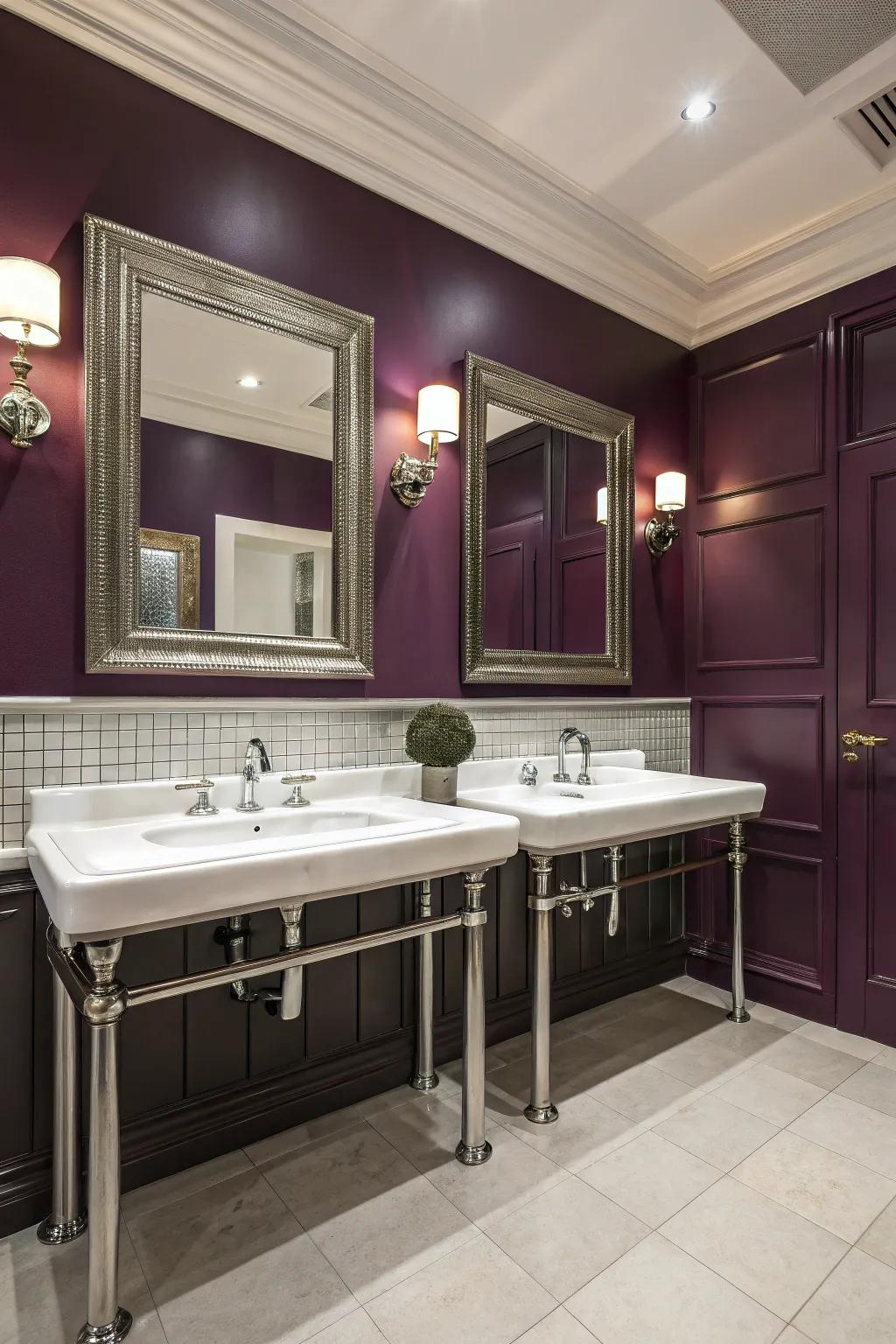 Violet walls contribute a stately touch of elegance to the bathroom.